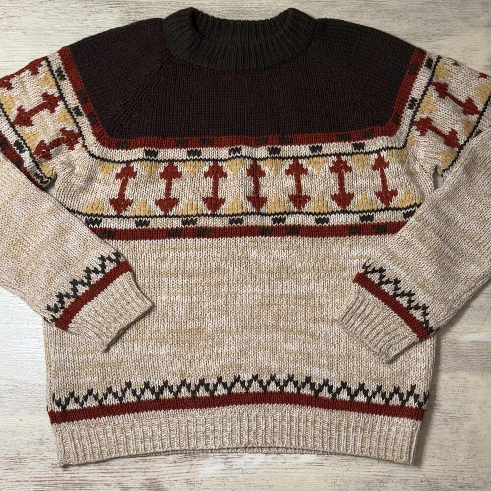 Vintage Tan Brown Red Patterned Men’s Sweater Size Large